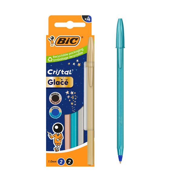 Bic Cristal Glace Pack con 4 penne a sfera - Corpo opaco in colori metallizzati opachi - Punta rotonda da 1 mm - Tratto 0