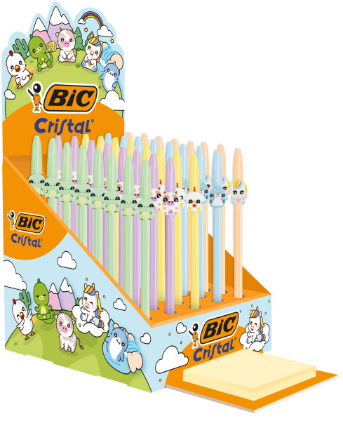 Bic Cristal Pastel Figurines Espositore con 40 penne a sfera - Corpo opaco in colori pastello con figure di animali - Punta rotonda da 1 mm - Tratto 0 Bic Cristal Pastel Figurines Espositore con 40 penne a sfera - Corpo opaco in colori pastello con figure di animali - Punta rotonda da 1 mm - Tratto 0