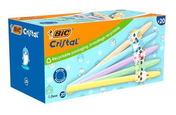 Bic Cristal Pastel Figurines Confezione da 20 penne a sfera - Corpo opaco in colori pastello con figure di animali - Punta rotonda da 1 mm - Tratto 0