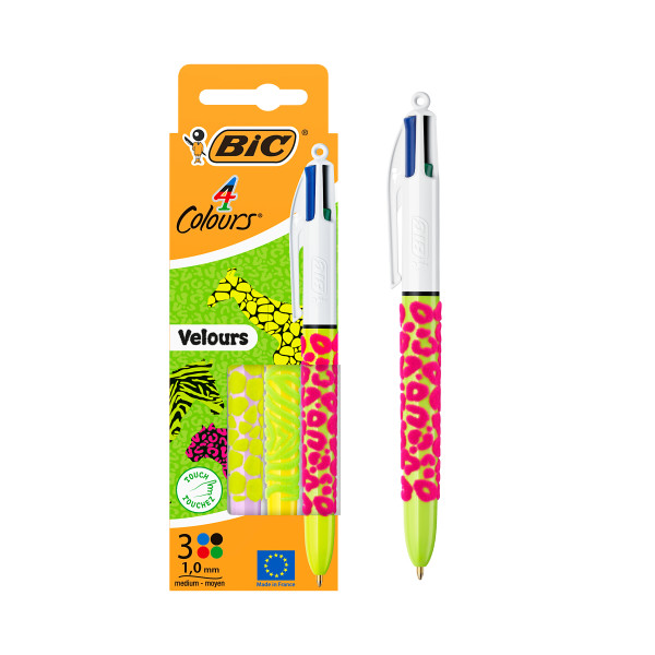Bic 4 Colours Velours Confezione da 3 penne a sfera a scatto - Punta media da 1