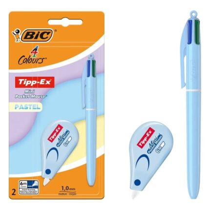 Bic 4 Colours Pastel Pack con 1 penna a sfera retrattile a 4 colori + correttore Tipp-Ex Mini Pocket Mouse Pastel 5 mm x 6 m - Punta media da 1