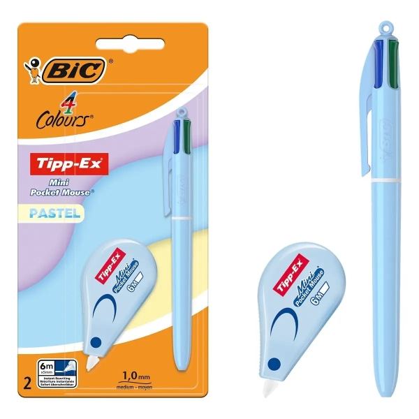 Bic 4 Colours Pastel Pack con 1 penna a sfera retrattile a 4 colori + correttore Tipp-Ex Mini Pocket Mouse Pastel 5 mm x 6 m - Punta media da 1