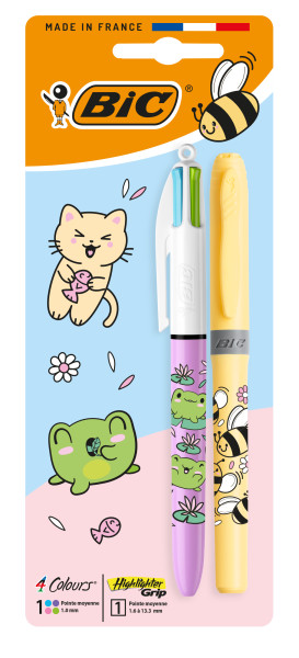 Bic 4 Colours Decors Kawaii Confezione con 1 penna a sfera retrattile Pastel + 1 evidenziatore Grip Pastel di colore casuale - Punta media da 1