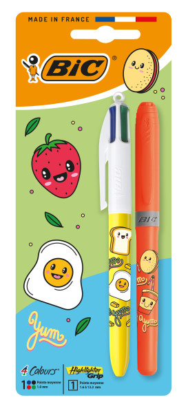 Bic 4 Colours Decors Kawaii Confezione con 1 penna a sfera retrattile + 1 evidenziatore Highlighter Grip Fluor di colore casuale - Punta media da 1