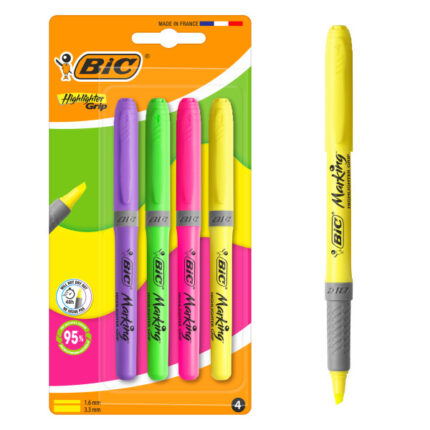 Bic Highlighter Grip Pack con 4 evidenziatori fluorescenti - Punta smussata - Tratto tra 1
