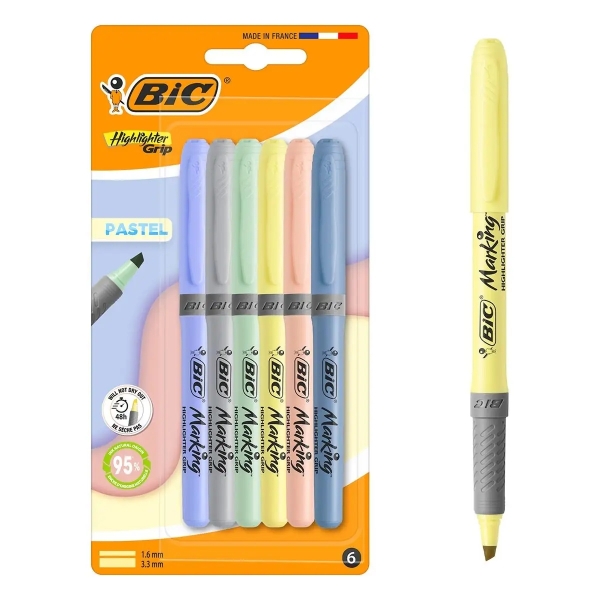 Bic Highlighter Grip Pastel Confezione da 6 evidenziatori fluorescenti pastello - Punta smussata - Tratto tra 1