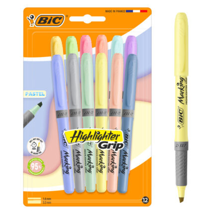 Bic Highlighter Grip Pastel Confezione da 12 evidenziatori fluorescenti pastello - Punta smussata - Tratto tra 1