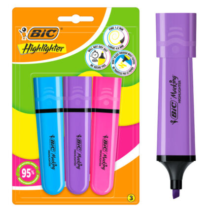 Bic Marking Highlighter Flat Pack da 3 evidenziatori fluorescenti - Punta smussata - Tratto tra 1