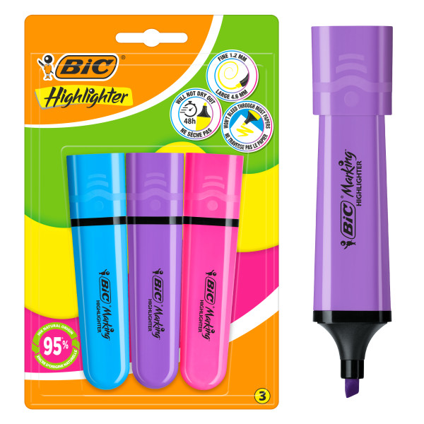 Bic Marking Highlighter Flat Pack da 3 evidenziatori fluorescenti - Punta smussata - Tratto tra 1