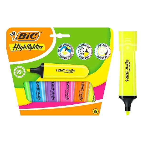 Bic Marking Highlighter Flat Pack da 6 evidenziatori fluorescenti - Punta smussata - Tratto tra 1