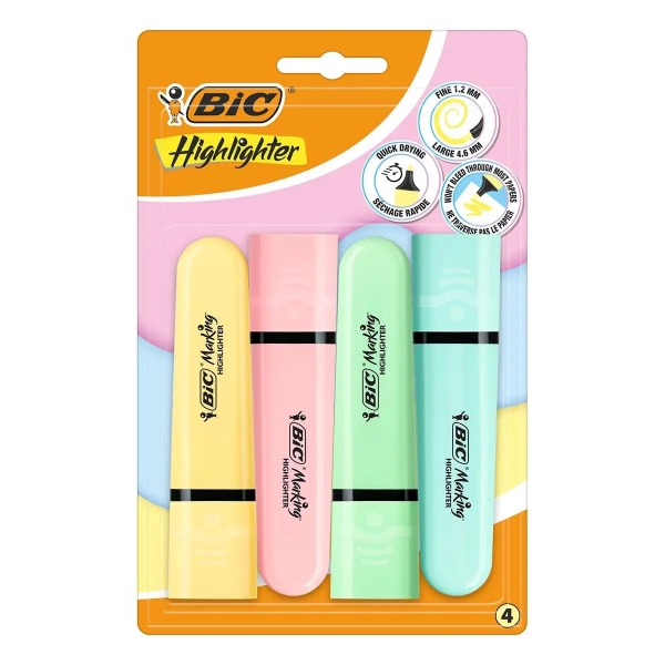 Bic Marking Highlighter Flat Pastel Confezione da 4 evidenziatori fluorescenti - Punta smussata - Tratto tra 1