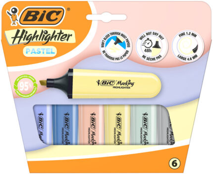 Bic Marking Highlighter Flat Pastel Mineral Confezione da 6 evidenziatori fluorescenti - Punta smussata - Tratto tra 1
