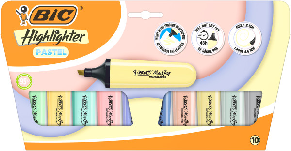 Bic Marking Highlighter Flat Pastel Confezione da 10 evidenziatori fluorescenti - Punta smussata - Larghezza tratto da 1