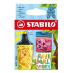 Stabilo Boss Mini Animal Vibes Confezione da 3 mini pennarelli fluorescenti - Tratto da 2 a 5 mm - Inchiostro a base d'acqua - Antisecante - Colori assortiti