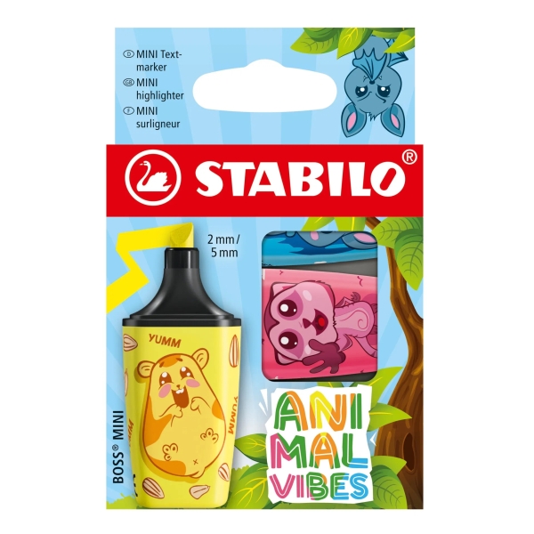 Stabilo Boss Mini Animal Vibes Confezione da 3 mini pennarelli fluorescenti - Tratto da 2 a 5 mm - Inchiostro a base d'acqua - Antisecante - Colori assortiti