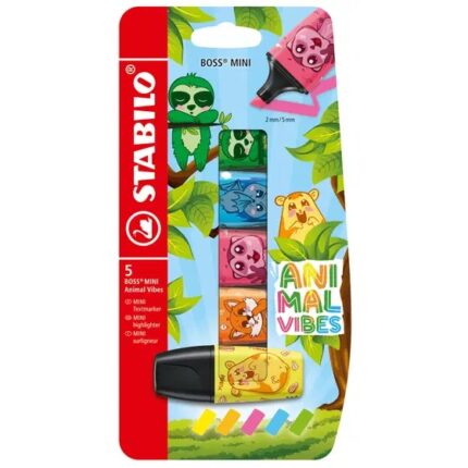 Stabilo Boss Mini Animal Vibes Confezione da 5 mini pennarelli fluorescenti - Tratto da 2 a 5 mm - Inchiostro a base d'acqua - Antisecante - Colori assortiti