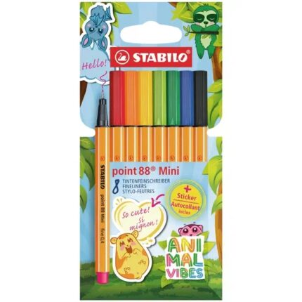 Stabilo Point 88 Mini Animal Vibes Confezione con 8 pennarelli a punta fine in fibra - Include 5 adesivi personalizzabili - Tratto da 0