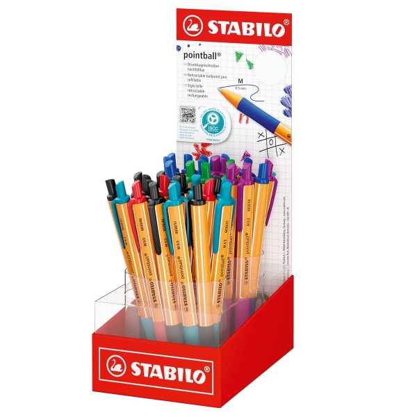 Stabilo Pointball Espositore con 38 penne a sfera retrattili - Punta da 1 mm - Inchiostro a base di olio - Ricaricabile - 87% di plastica riciclata - Impugnatura antiscivolo - Colori assortiti