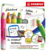 Stabilo MARKdry Neon Confezione da 4 pennarelli per lavagna + temperino + panno per la pulizia - Miniera XXL da 10 mm - Legno 100% certificato PRFC - Colori neon assortiti