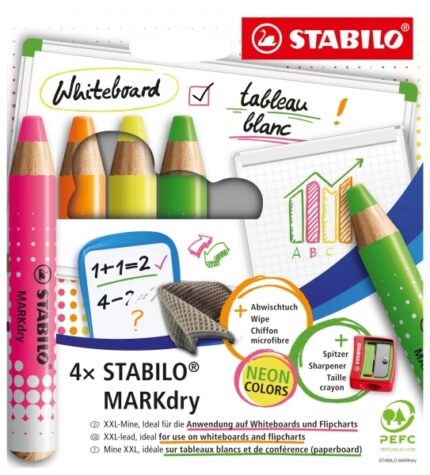 Stabilo MARKdry Neon Confezione da 4 pennarelli per lavagna + temperino + panno per la pulizia - Miniera XXL da 10 mm - Legno 100% certificato PRFC - Colori neon assortiti