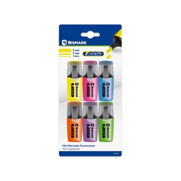 Bismark Long-Life Confezione da 6 mini evidenziatori fluorescenti neon - Inchiostro ad asciugatura rapida - Punta smussata - Ideali per sottolineare ed evidenziare - Design ergonomico - Elevata durata