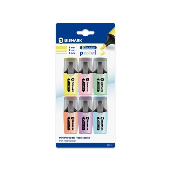 Bismark Long-Life Confezione da 6 mini evidenziatori fluorescenti pastello - Inchiostro ad asciugatura rapida - Punta smussata - Ideali per sottolineare ed evidenziare - Design ergonomico - Elevata durata