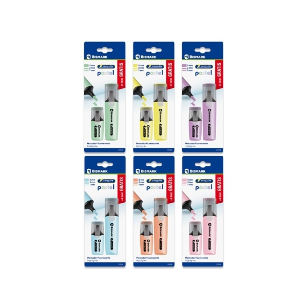 Bismark Long-Life Confezione da 1 mini pennarello + 1 pennarello fluorescente - Inchiostro ad asciugatura rapida - Punta smussata - Ideale per sottolineare ed evidenziare - Design ergonomico - Elevata durata - Colori pastello assortiti