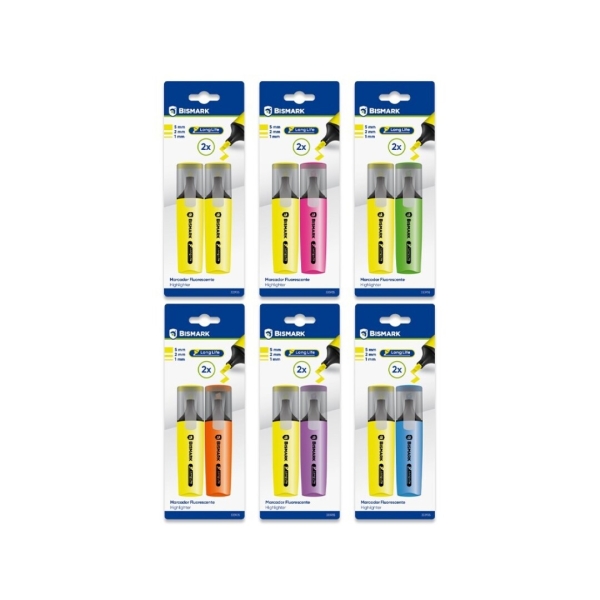 Bismark Long-Life Confezione da 2 pennarelli fluorescenti - Inchiostro ad asciugatura rapida - Punta smussata - Ideale per sottolineare ed evidenziare - Design ergonomico - Elevata durata - Colori neon assortiti
