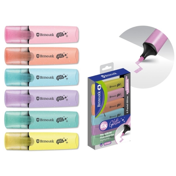 Bismark Confezione da 6 evidenziatori fluorescenti glitterati pastello - Inchiostro ad asciugatura rapida - Punta smussata - Ideali per sottolineare ed evidenziare - Design ergonomico