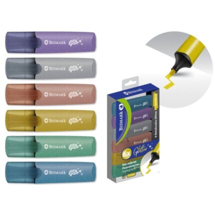 Bismark Confezione da 6 pennarelli fluorescenti glitterati metallizzati - Inchiostro ad asciugatura rapida - Punta smussata - Ideali per sottolineare ed evidenziare - Design ergonomico