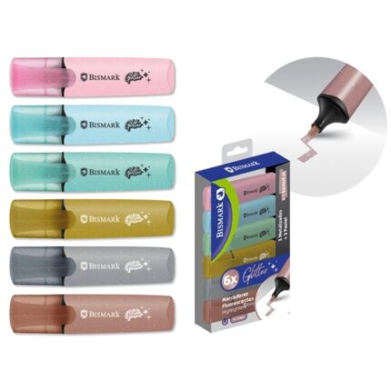 Bismark Confezione da 6 pennarelli fluorescenti glitterati - 3 pastello e 3 metallizzati - Inchiostro ad asciugatura rapida - Punta smussata - Ideali per sottolineare ed evidenziare - Design ergonomico