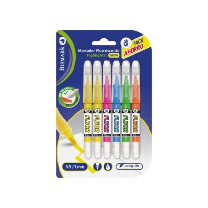 Bismark Long-Life Confezione da 6 evidenziatori fluorescenti neon - Inchiostro liquido - Punta smussata - Ideali per sottolineare ed evidenziare - Colori assortiti