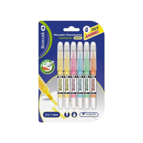 Bismark Long-Life Confezione da 6 evidenziatori fluorescenti pastello - Inchiostro liquido - Punta smussata - Ideali per sottolineare ed evidenziare - Colori assortiti