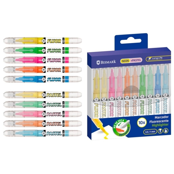 Bismark Long-Life Confezione da 10 evidenziatori fluorescenti - 5x Neon e 5x Pastello - Inchiostro liquido - Punta smussata - Ideali per sottolineare ed evidenziare - Colori assortiti