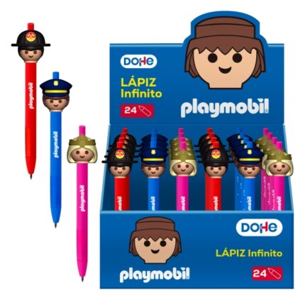 Dohe Playmobil Espositore con 24 matite infinite - Impugnatura in gomma - Facili da cancellare - Decorate con personaggi Playmobil: poliziotto