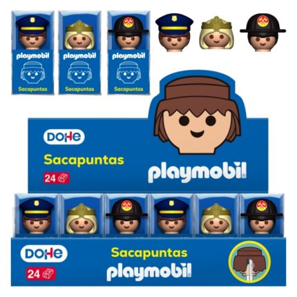 Dohe Playmobil Espositore con 24 temperamatite a 1 foro e lama in acciaio - Decorati con personaggi Playmobil: poliziotto
