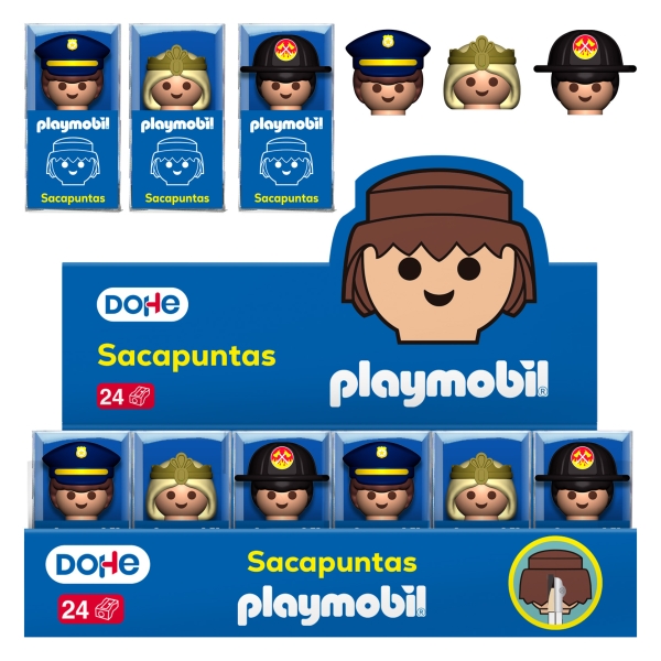 Dohe Playmobil Espositore con 24 temperamatite a 1 foro e lama in acciaio - Decorati con personaggi Playmobil: poliziotto