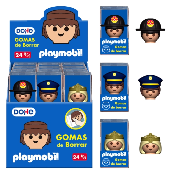 Dohe Playmobil Espositore da 24 gomme da cancellare - Realizzate in PVC - Decorate con personaggi Playmobil: poliziotto