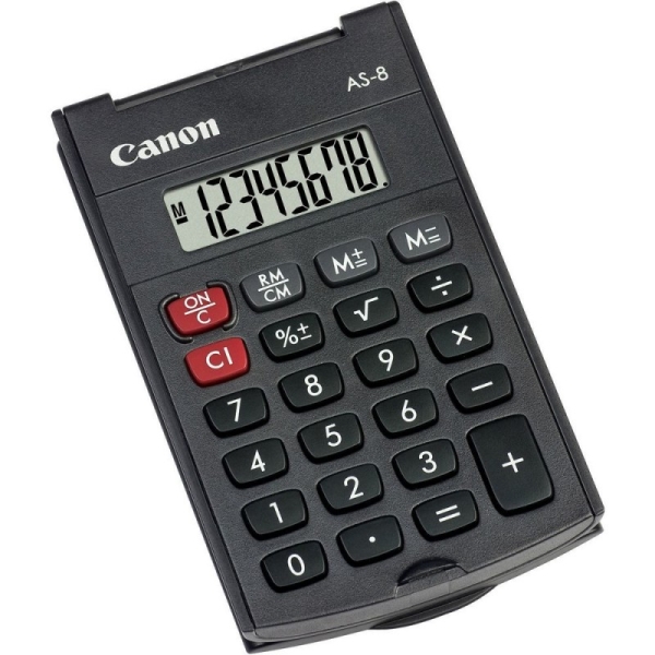Canon AS-8 Calcolatrice tascabile con display LCD a 8 cifre - Con coperchio rigido pieghevole - Alimentazione a batteria - Colore grigio scuro
