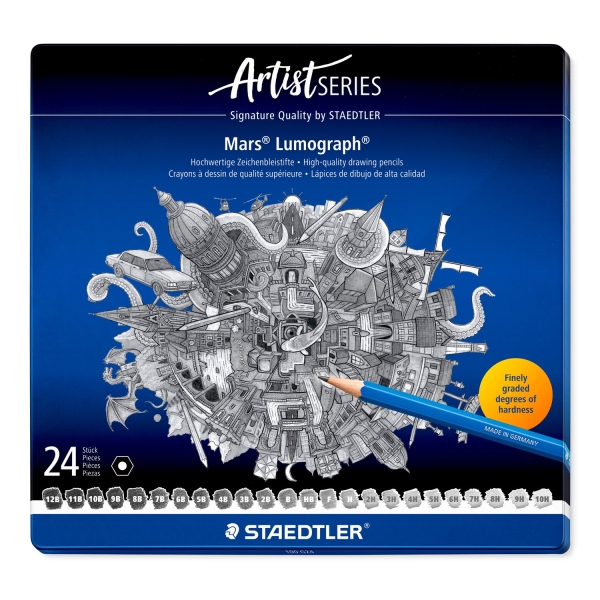 Staedtler Mars Lumograph 100 Astuccio in metallo con 24 matite di grafite di diverse durezze - Elevata resistenza alla rottura - Legno proveniente da foreste certificate
