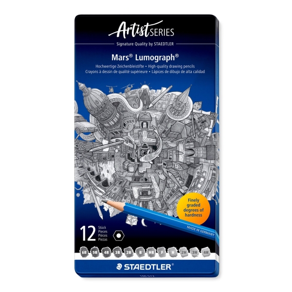 Staedtler Mars Lumograph 100 Scatola metallica con 12 matite di grafite nelle gradazioni 6B