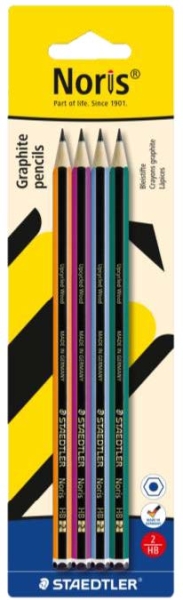 Staedtler Noris 120 Confezione da 4 matite esagonali in grafite HB - Resistenti alla rottura - Legno proveniente da foreste sostenibili - Colori assortiti