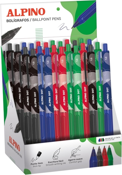 Alpino Dot Espositore con 24 penne a sfera a scatto - Punta da 1 mm - Impugnatura morbida - Colori assortiti