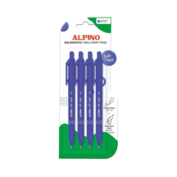 Alpino Soft Touch Confezione da 4 penne a sfera a scatto - Punta 1 mm - Tocco morbido - Inchiostro blu - Colore blu