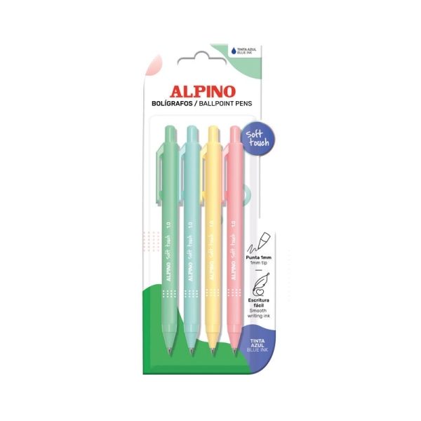 Alpino Soft Touch Pastel Confezione da 4 penne a sfera retrattili - Punta da 1 mm - Tocco morbido - Inchiostro blu - Colori pastello assortiti Alpino Soft Touch Pastel Confezione da 4 penne a sfera retrattili - Punta da 1 mm - Tocco morbido - Inchiostro blu - Colori pastello assortiti