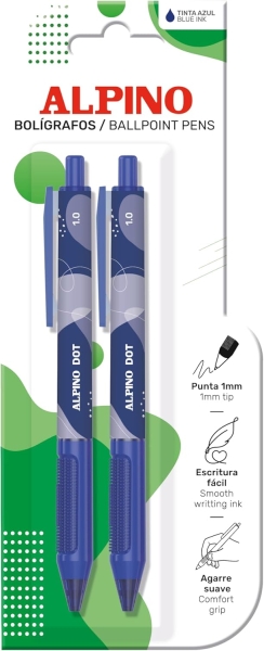 Alpino Dot Confezione da 2 penne a sfera retrattili - Punta da 1 mm - Impugnatura morbida - Inchiostro blu - Colore blu