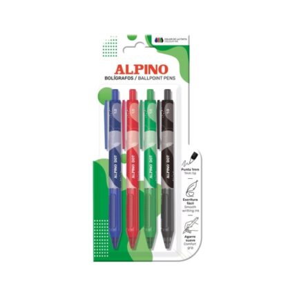 Alpino Dot Confezione da 4 penne a sfera a scatto - Punta da 1 mm - Impugnatura morbida - Colori assortiti