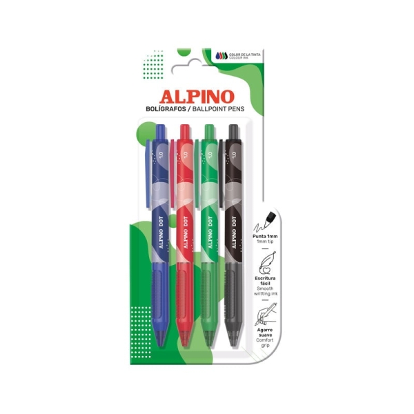 Alpino Dot Confezione da 4 penne a sfera a scatto - Punta da 1 mm - Impugnatura morbida - Colori assortiti