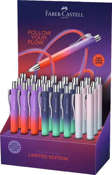 Faber-Castell Poly Ball Flow Edition Espositore con 24 penne a sfera retrattili XB - Forma triangolare ergonomica - Morbida al tatto - Colori assortiti
