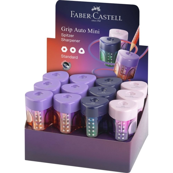 Faber-Castell Grip Mini Flow Edition Espositore con 24 temperamatite a 1 foro - Per misura standard - Design accattivante con sfumature di colore - Colori assortiti